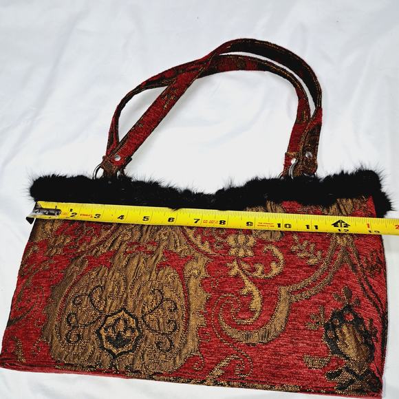 Boho Rich Red Gold Tapestry Hand Bag Rabbit Fur Pompom around top Snap closure - Picture 6 of 13